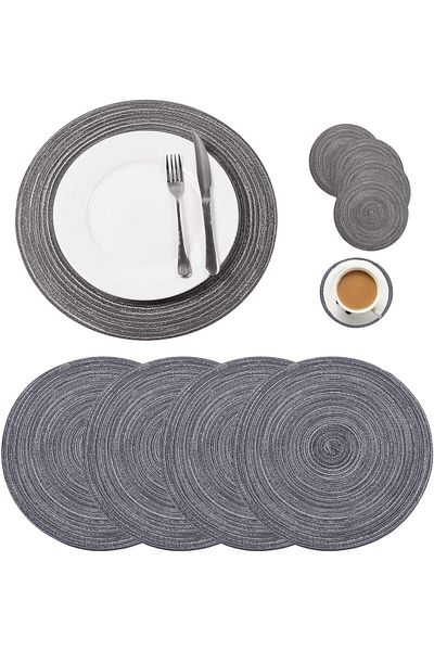 COOYA Placemats Set of 4, Round Braided Woven Heat Resistant Washable with 4 Coasters, Gray