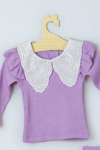 ADABEBEK Lace Collar Detailed Ribbed Bandana Baby Girl Set