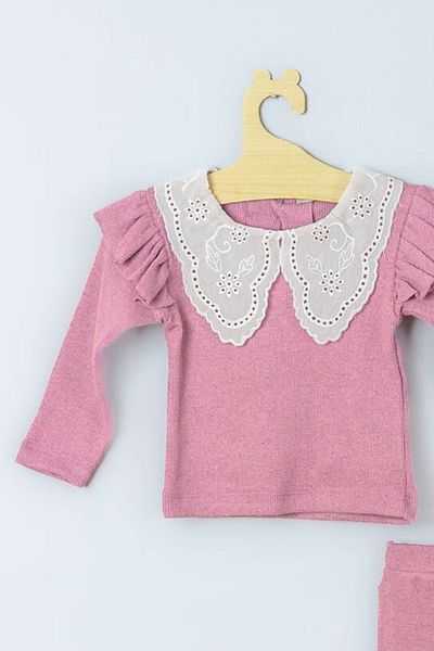 ADABEBEK Lace Collar Detailed Ribbed Bandana Baby Girl Set