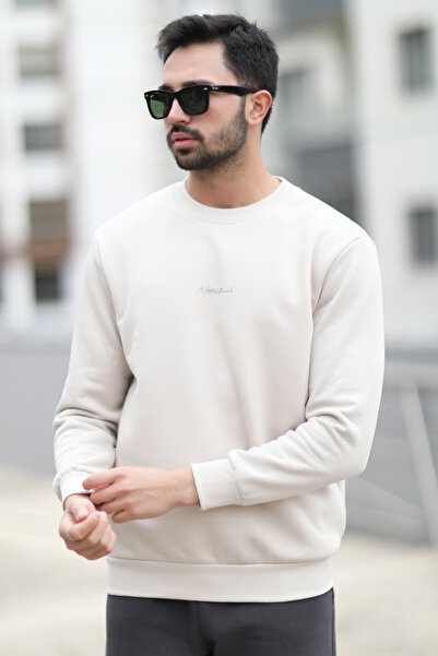 JB John Borners Erkek Bisiklet Yaka 3İplik Baskılı Sweatshirt Krem - 5012-1