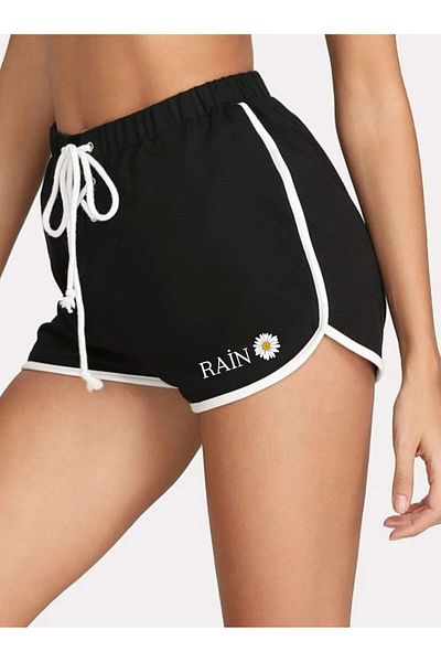 woonkey PANTALONI SCURT DE DAMA CU IMPRIMARE PLOAIE, 3 PUC., NEGRU, ALB, MARO, MINI DETALII