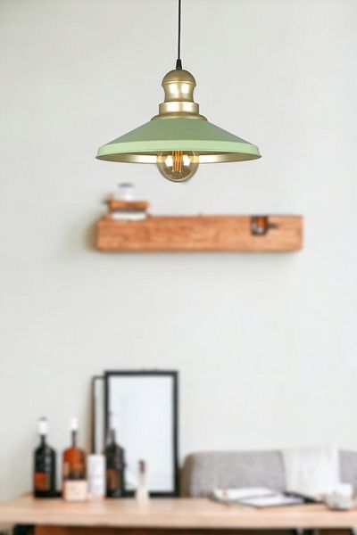 Fer Avize Azalea Modern Design - Green and Gold Colored Metal Head, Single Chandelier (Without Bulb)