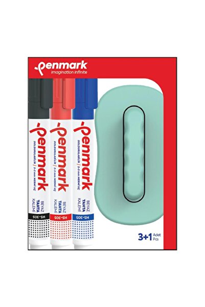 penmark HS-305 TK03S Yuvarlak Uçlu Beyaz Tahta Kalemi 3 Adet + Silgi - Karışık Renk