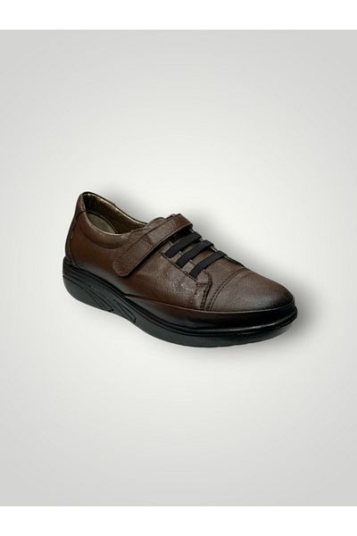 iskarpino Inside and Outside Genuine Leather Soft Orthopedic Sole Velcro Brown Daily Women's Walking Shoes