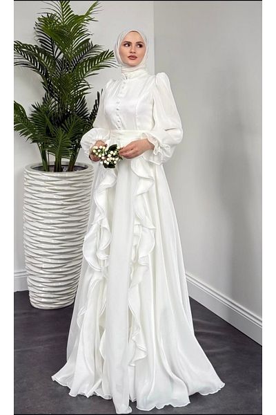 GÜZELLER Jan Jan Fabric Buttoned Ruffled Promise Engagement Wedding Swan Evening Dress