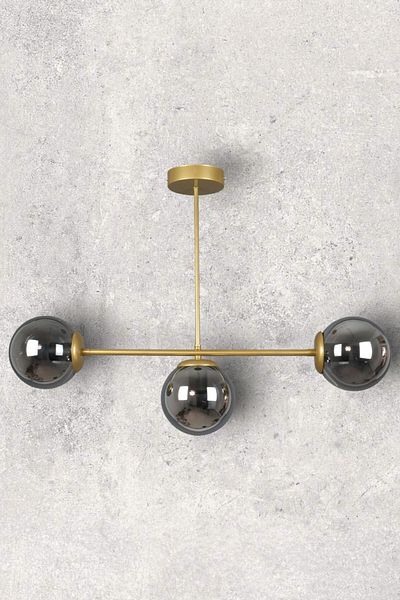 Fer Avize Neron Special Design Antique Color Globe Smoked Glass Living Room - Kitchen - Bedroom 3-Piece Chandelier