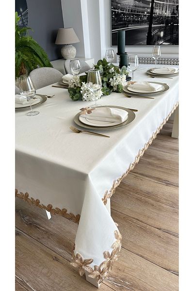 Decamor home Set de fețe de masă albe cu dantelă de cupru, care include 6 șervețele