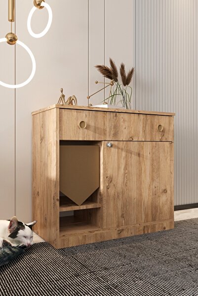 Mercie MONA Çekmeceli Ahşap Kedi Tuvaleti -kapağı Kilitli- Kumaş Dahil-kum Ka...