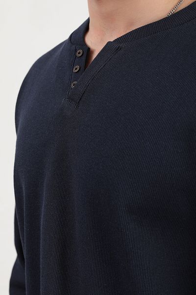 JB John Borners Men's V-Neck Button Detailed Textured Sweatshirt Navy Blue - 5524