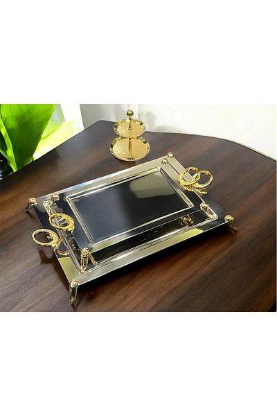 ÖzSa Home Set of 2 Pedestal 18/10 Stainless Steel Trays Tea and Coffee Serving Presentation Catering Tray Set