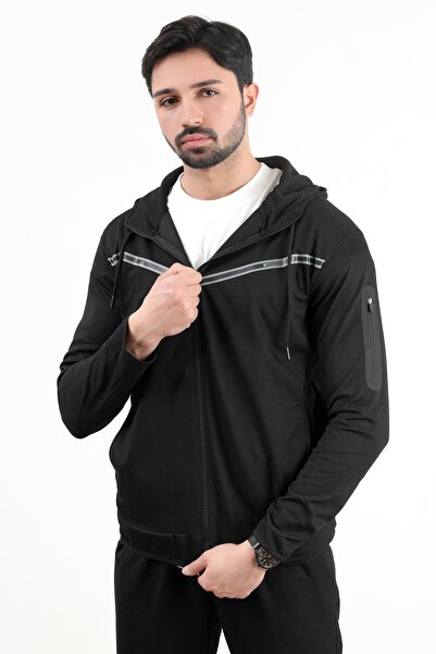 JB John Borners Мъжки суитшърт с цип и качулка, с прилепнала кройка, черен - ...