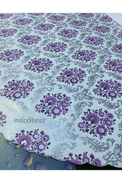 MİRELLA Lined Non-Slip Purple Floral Easy Wipe Pvc Round Oilcloth Tablecloth