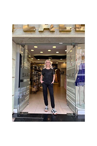 DAIDO Kadın Önü File ve Payet Detaylı Bisiklet Yaka Bluz 5811 Siyah