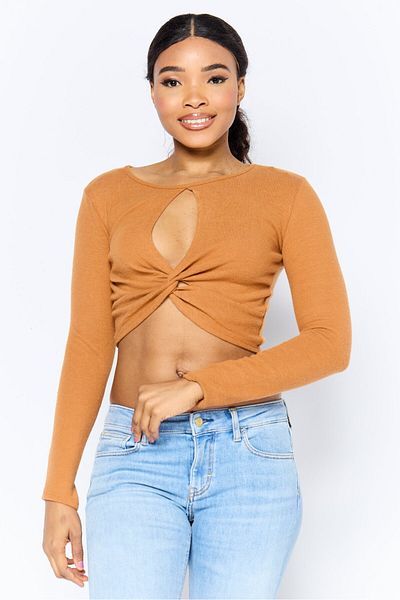Poof Women Round Neck Long Sleeve Plain Crop Top, Rust