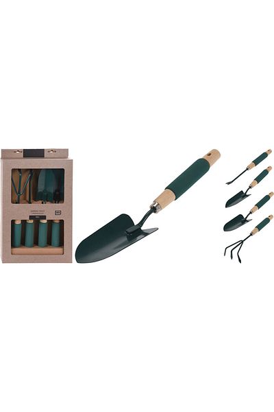 Homelux Set 4 unelte de gradina, 23,5x5,5x42 cm, corp din otel, maner din lemn cu spuma, negru/natura/verde