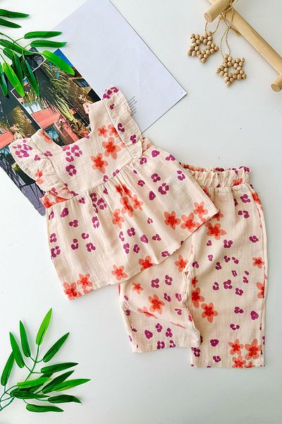 Minigimin Cicileri My Little One's Cicileri Cotton Muslin Floral Patterned Baby Girl Set of 2 - Yavruağzı
