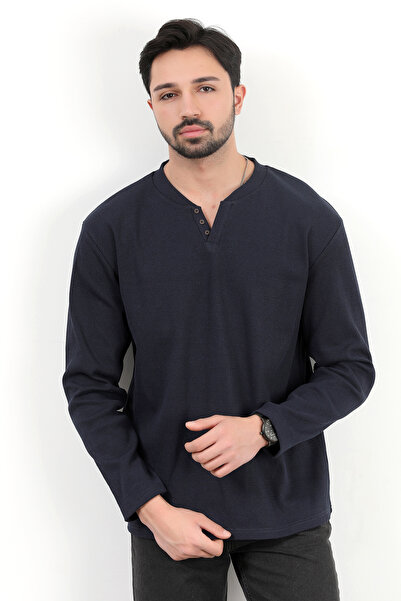 JB John Borners Ανδρικό φούτερ με λαιμόκοψη V με λεπτομέρεια με υφή Navy Blue - 5524