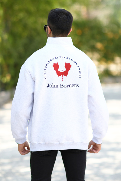 JB John Borners Мъжки памучен суитшърт с половин цип отпред и отзад с щампа - 10013