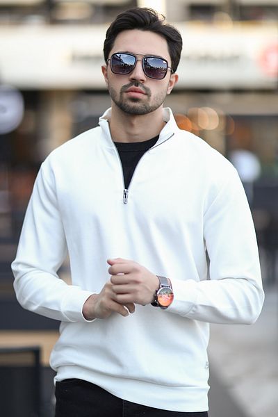 JB John Borners Men's Stand Collar Half Zippered Textured Sweatshirt White - 5470