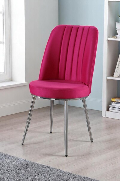 MYMASSA Gold Sandalye - Soho Fuşya Kumaş - Metal Krom Ayak - Mutfak Sandalyesi - Salon Sandalyesi