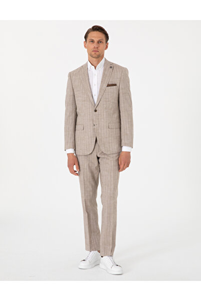 Pierre Cardin Açık Kahverengi Slim Fit Yün Keten Karışımlı Çizgili Takım Elbise 50302403-VR002