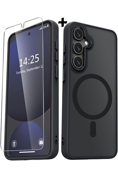 m.tk moveteck Samsung Galaxy S24 Fe Kılıf Mat Magsafe Şarj Özellikli Yumuşak Kenarlı + Ekran Koruyucu Cam Set