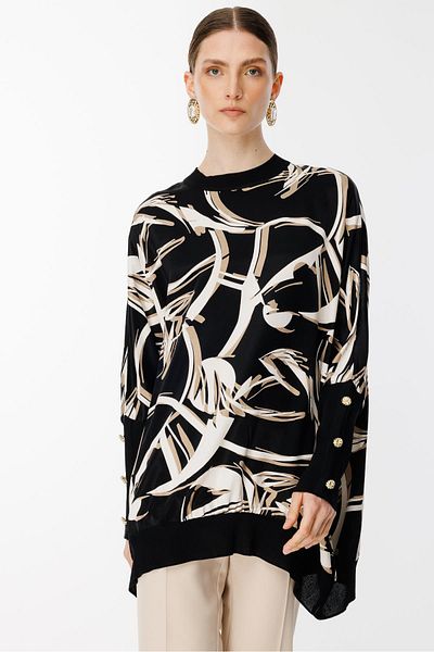 Ghisa Ribbed Detailed Tunic Black Beige Line Patterned