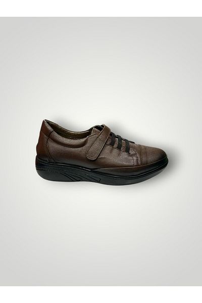 iskarpino Inside and Outside Genuine Leather Soft Orthopedic Sole Velcro Brown Daily Women's Walking Shoes