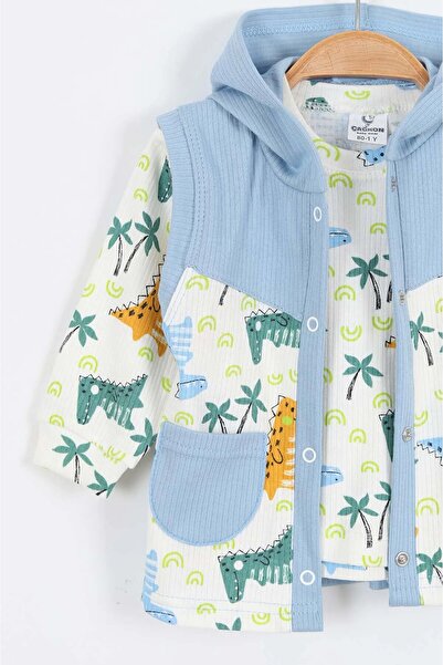 Egelite ERKEK BEBEK MEVSİMLİK 3 PARÇA YELEKLİ KAPÜŞONLU DİNOZOR BASKILI 3'LÜ TAKIM R1815