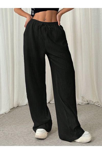 night blue Wide Leg Trousers with Lace up Waist and Pockets - Black