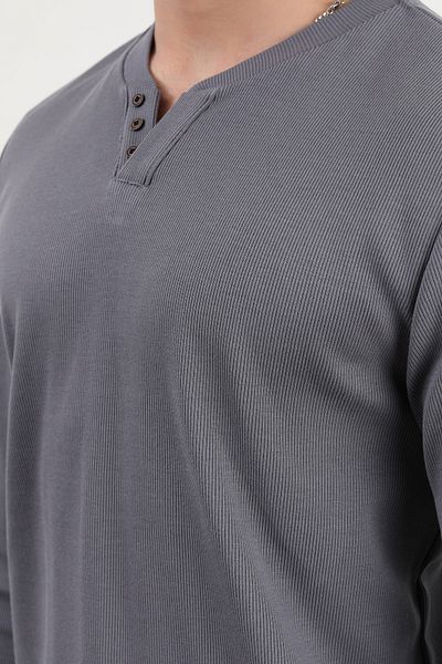 JB John Borners Men's V-Neck Button Detailed Textured Sweatshirt Anthracite - 5524