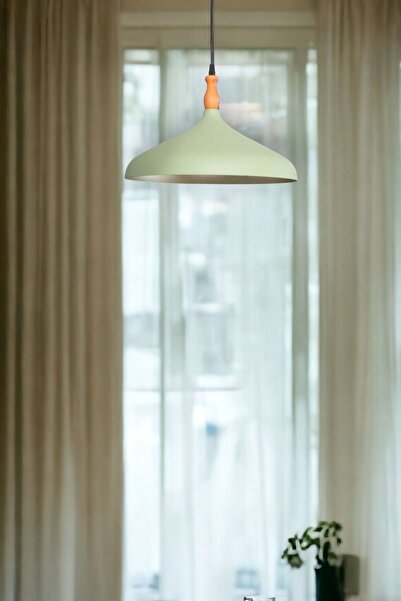 Fer Avize Nil Modern Tasarım Cafe Mutfak Salon Ahşap Zurna Metal Yeşil içi Gold Renk Tekli Avize