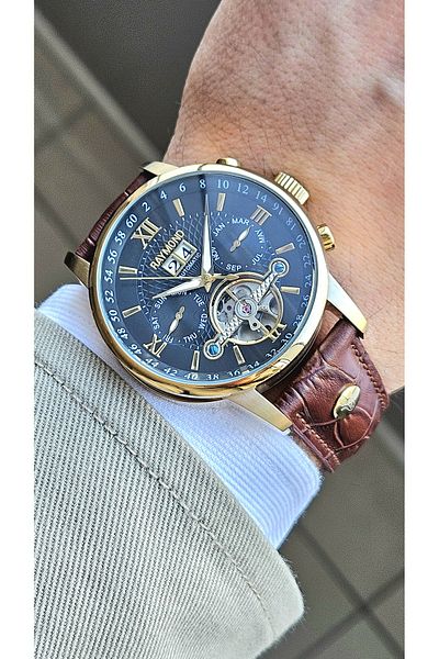 Raymond RYM-4120 AUTOMATIC MEN'S WRISTWATCH - STEEL CASE AND LEATHER BAND - 2 YEAR WARRANTY