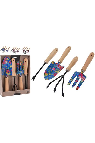 Homelux Set 4 unelte de gradina, 23,5x5,5x31 cm, corp din otel, maner din lemn, negru/natura/albastru