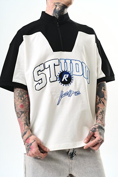 Respire Ανδρικό στούντιο κεντημένο μπλουζάκι με μισό φερμουάρ Oversize εκρού