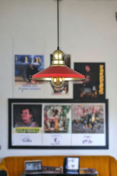 Fer Avize Azalea Modern Design - Gold Head Metal for Cafe and Kitchen, Red Inside Gold Colored Chandelier (Without Bulb)