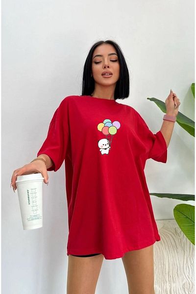 woonkey Women's Oversize Balloon Printed Crew Neck New Season T-Shirt