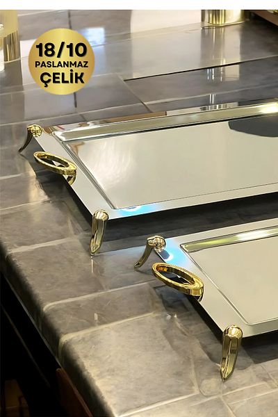 ÖzSa Home Set of 2 Pedestal 18/10 Stainless Steel Trays Tea and Coffee Serving Presentation Catering Tray Set