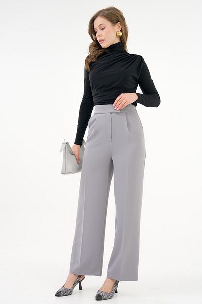 Saade Gray High Waist Velcro Closure Single Pleat Woven Palazzo Trousers