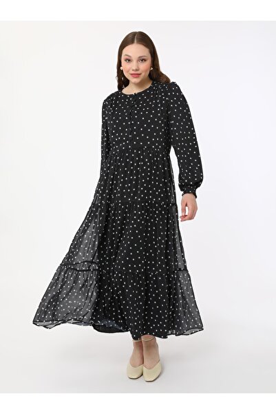 ALİA Plus Size Polka Dot Chiffon Hijab Dress - Black and White - Alia