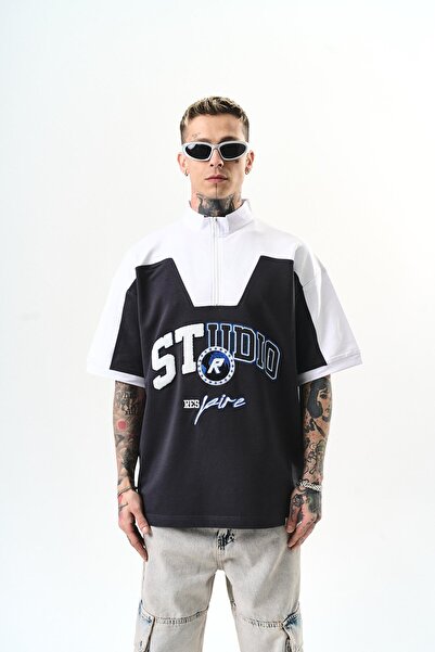 Respire Men's Studio Embroidered Half Zipper Oversize T-Shirt Smoked