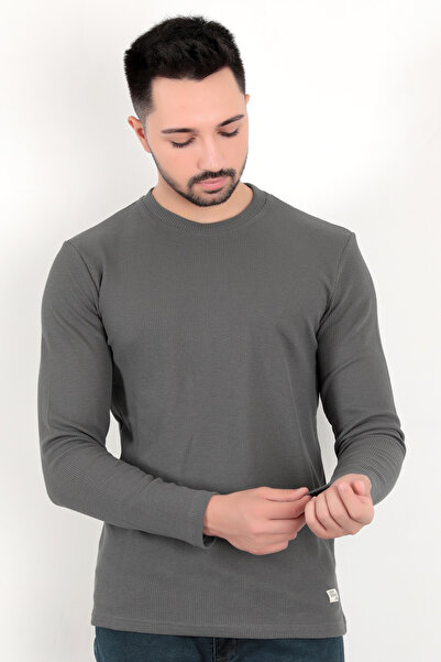 JB John Borners Ανδρικό μακρυμάνικο μπλουζάκι με υφή εφαρμοστό ελαστικό ύφασμα βάφλα σε σκούρο γκρι χρώμα - 5073-2