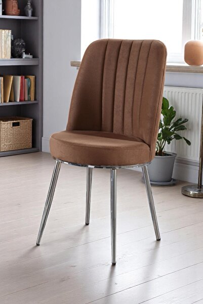 MYMASSA Gold Sandalye - Soho Kahve Kumaş - Metal Krom Ayak - Mutfak Sandalyes...