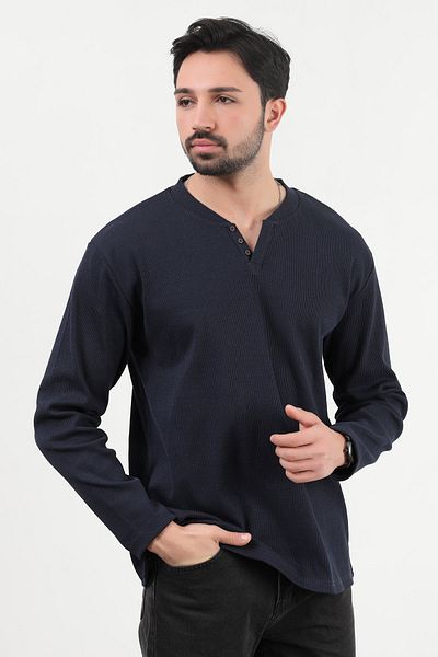 JB John Borners Men's V-Neck Button Detailed Textured Sweatshirt Navy Blue - 5524