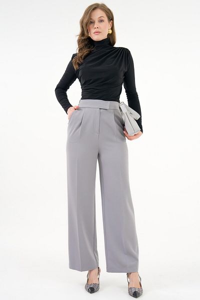 Saade Gray High Waist Velcro Closure Single Pleat Woven Palazzo Trousers