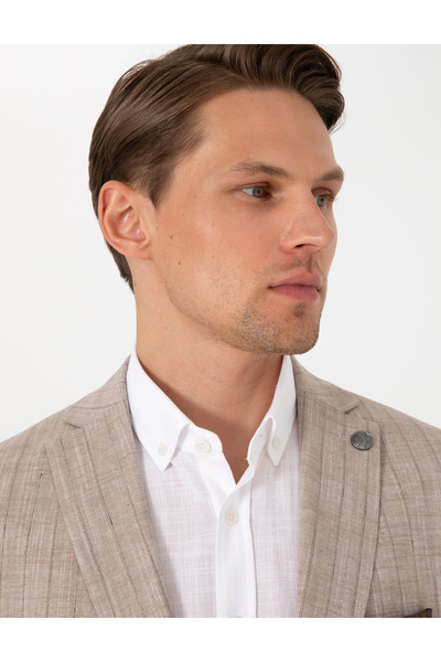 Pierre Cardin Açık Kahverengi Slim Fit Yün Keten Karışımlı Çizgili Takım Elbise 50302403-VR002