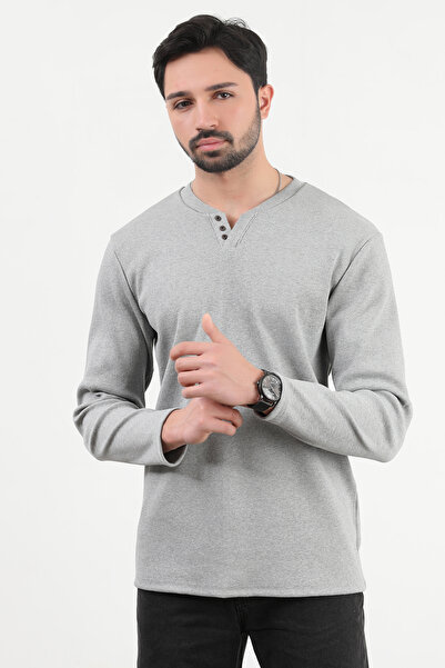 JB John Borners Ανδρικό φούτερ με λαιμόκοψη V με λεπτομέρεια με υφή γκρι - 5524