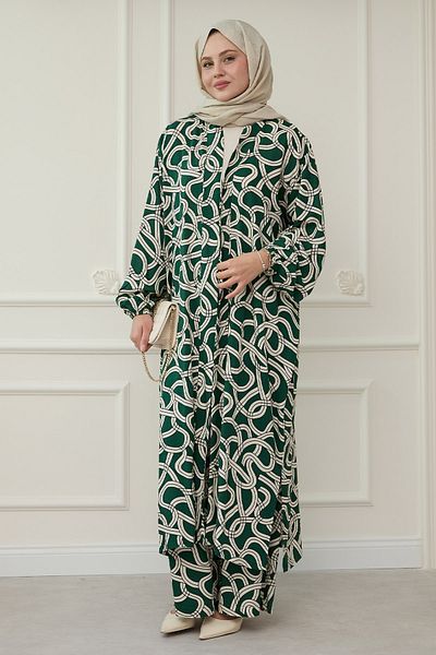InStyle بدلة خضراء مع نمط سلسلة كيمونو طويل