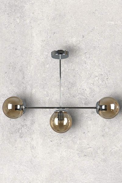 Fer Avize Neron Special Design Chrome Color Globe Honey Glass Living Room - Kitchen - Bedroom 3-Piece Chandelier