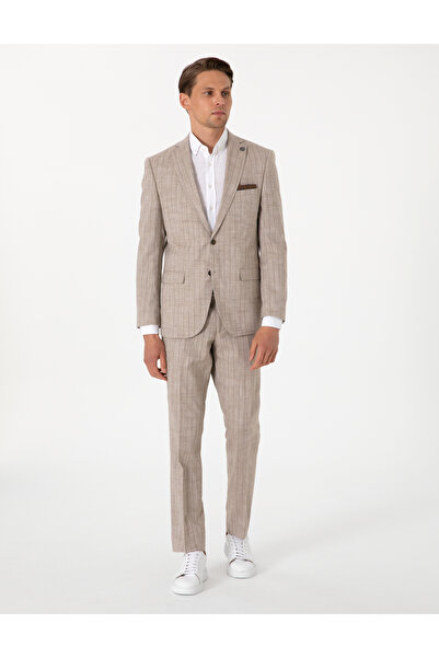 Pierre Cardin Açık Kahverengi Slim Fit Yün Keten Karışımlı Çizgili Takım Elbise 50302403-VR002